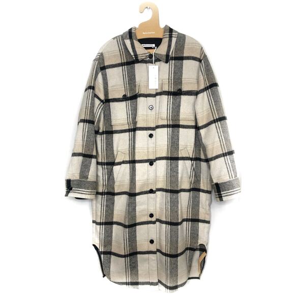 Reformation Ainslie Jacket Black Grey Stripe Plaid Wool Blend Long XL NWT